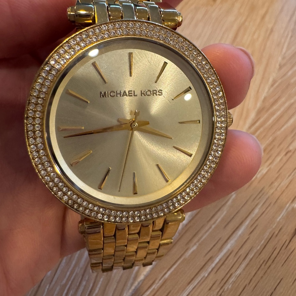 Michael Kors gold thin watch with pave diamonds